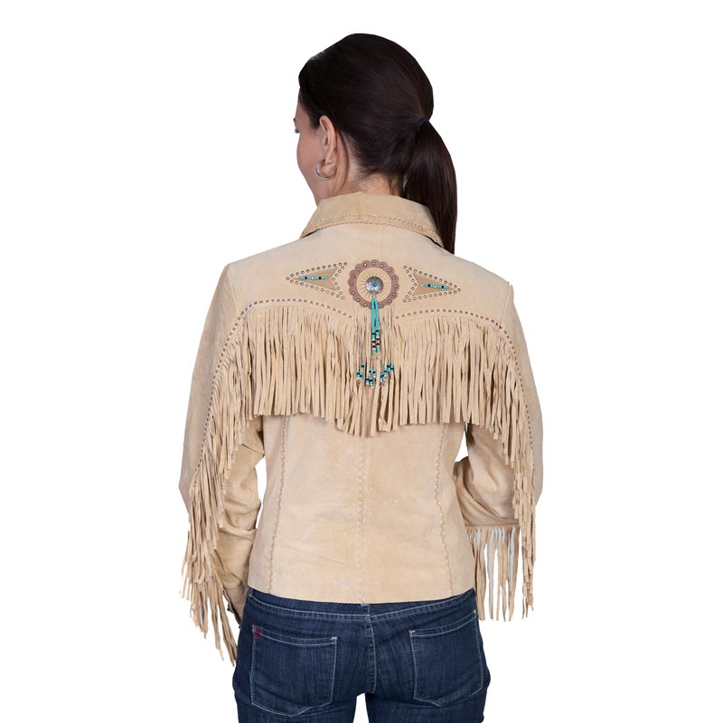 Beige fringed jacket with decorative elements on a white background