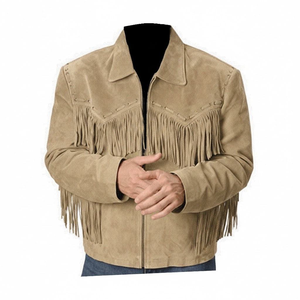 Beige suede jacket with fringes on a mannequin against a white background