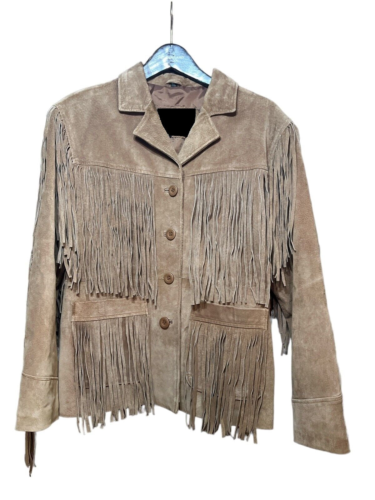 beige buckskin fringe jacket for woman with button 