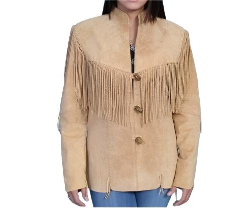 beige suede leather coat with fringes for woman 