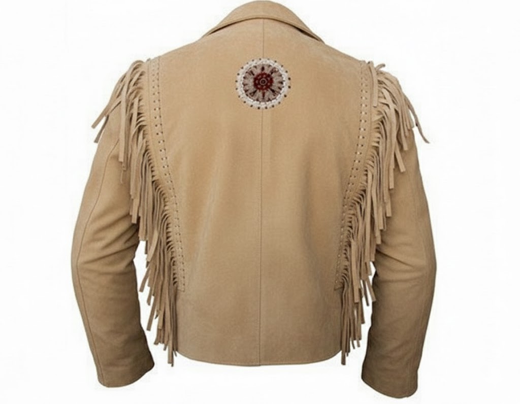 Men's Western Beige Buckskin Leather Beaded Fringe Jacket MWJ203