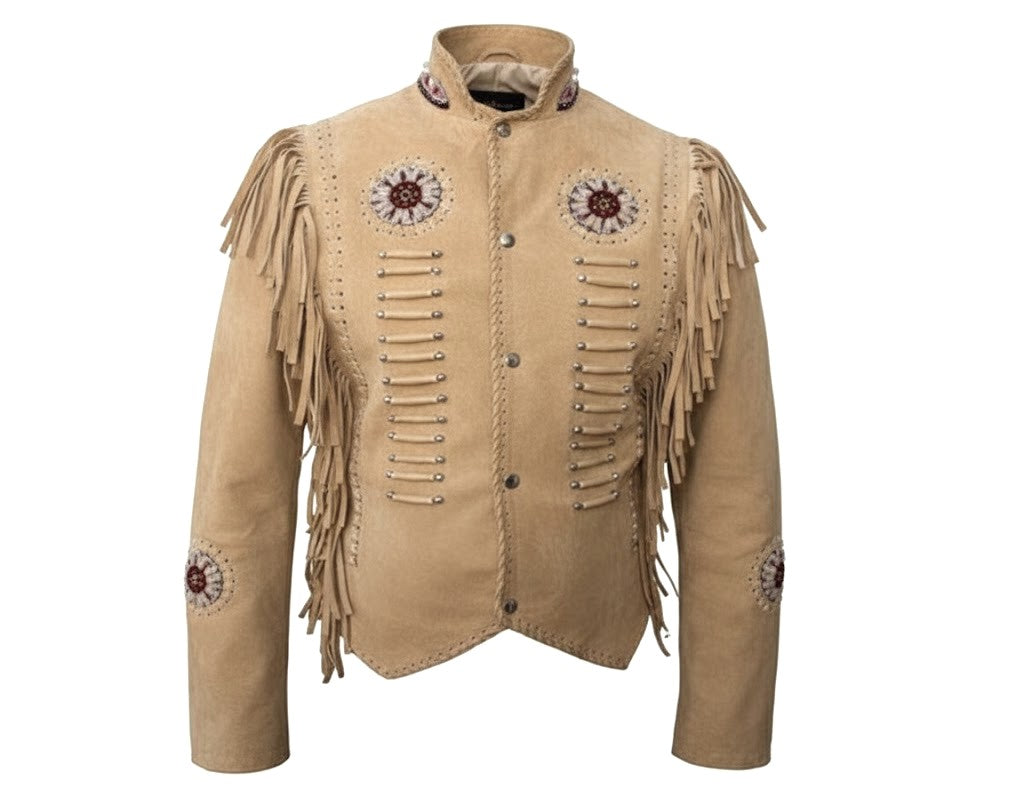Men's Western Beige Buckskin Leather Beaded Fringe Jacket MWJ203