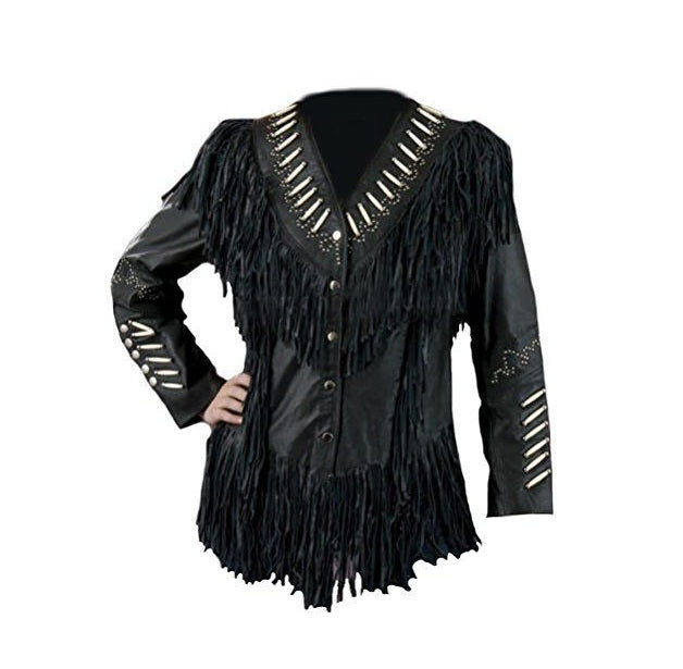 Cowgirl Black Leather Bones Fringes Jacket For Woman WWJ559