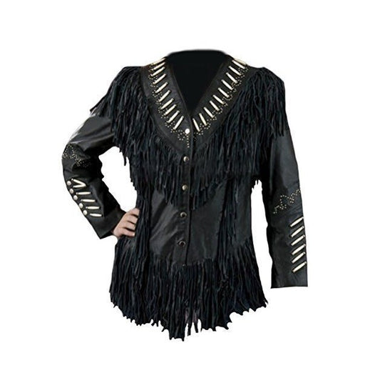 Cowgirl Black Leather Bones Fringes Jacket For Woman WWJ559