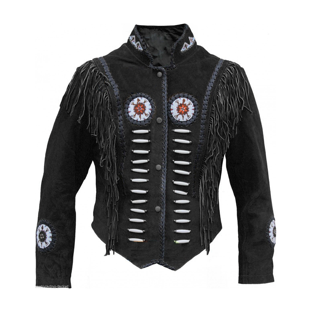 black suede fringe jacket with turtle beads for woman
