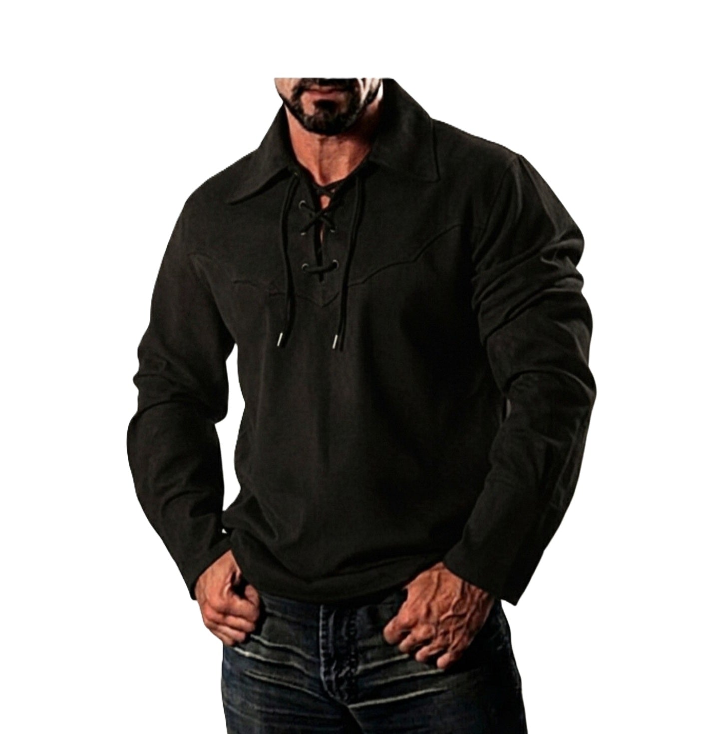 Man wearing a black long-sleeve shirt with a collar on a white background