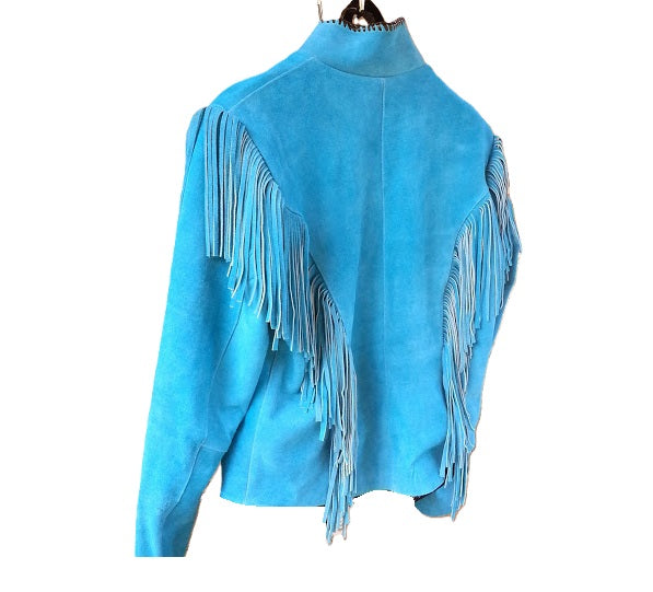 Blue Suede Leather Fringes Bone work Jacket For Women WWJ566