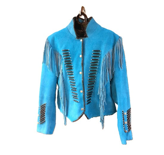 Blue Suede Leather Fringes Bone work Jacket For Women WWJ566