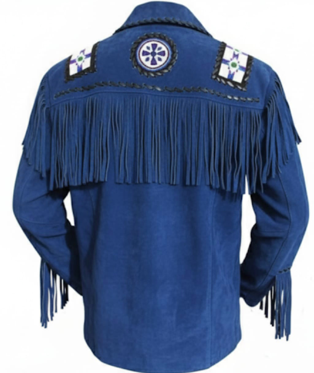 Cowboy Fringe Jacket Western Blue Suede Buckskin Leather Jacket MWJ21BU