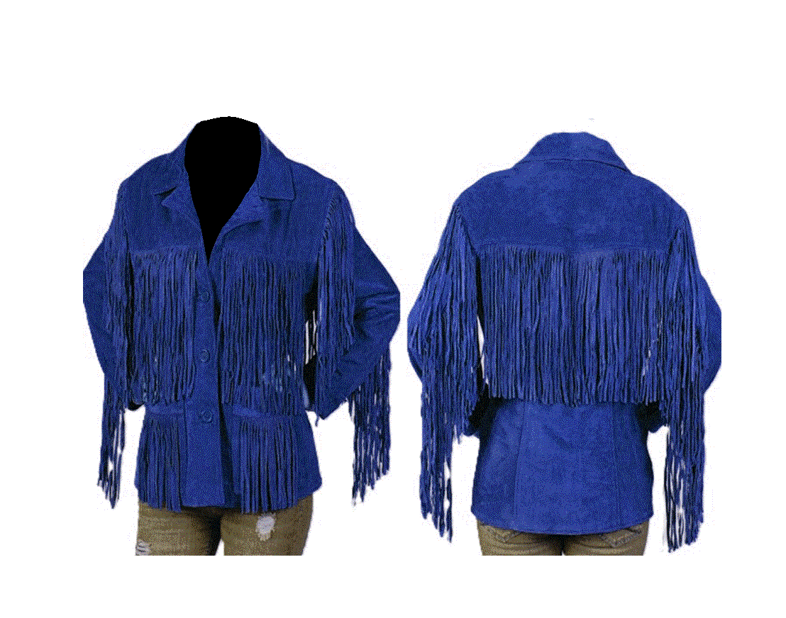 blue suede long fringe coat for woman