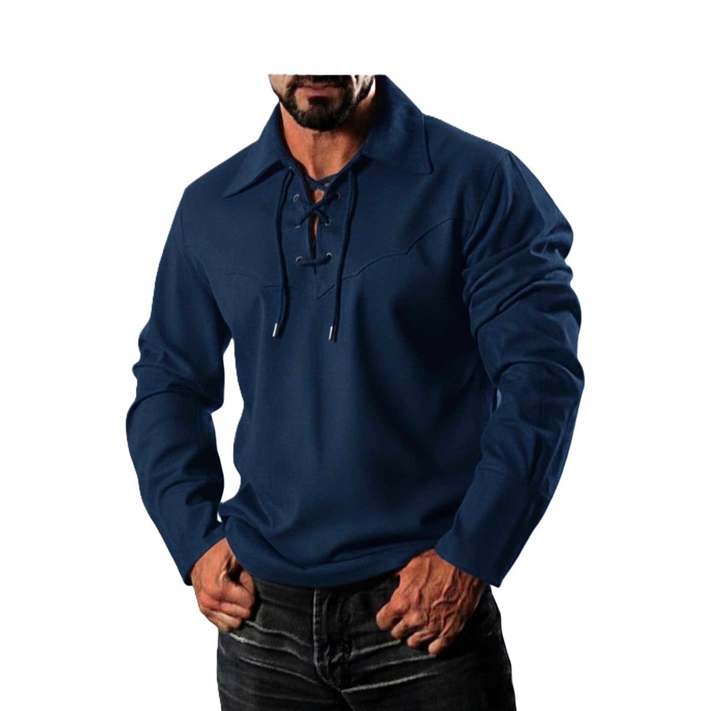 Man wearing a blue long-sleeve shirt on a white background