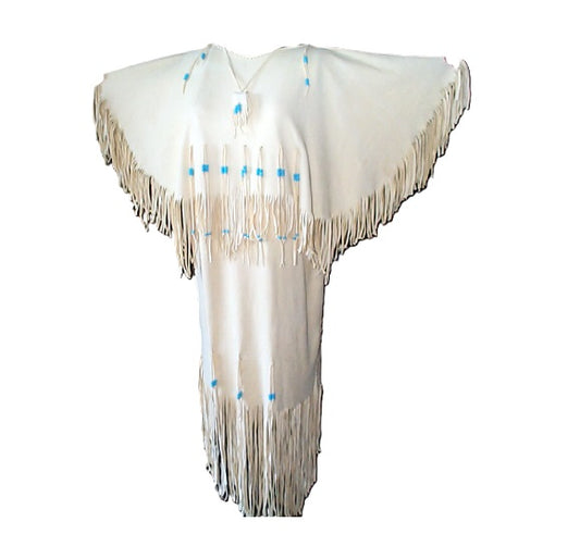 Native Women's White Leather Long Fringes Wedding Dress Powwow Regalia PWD102