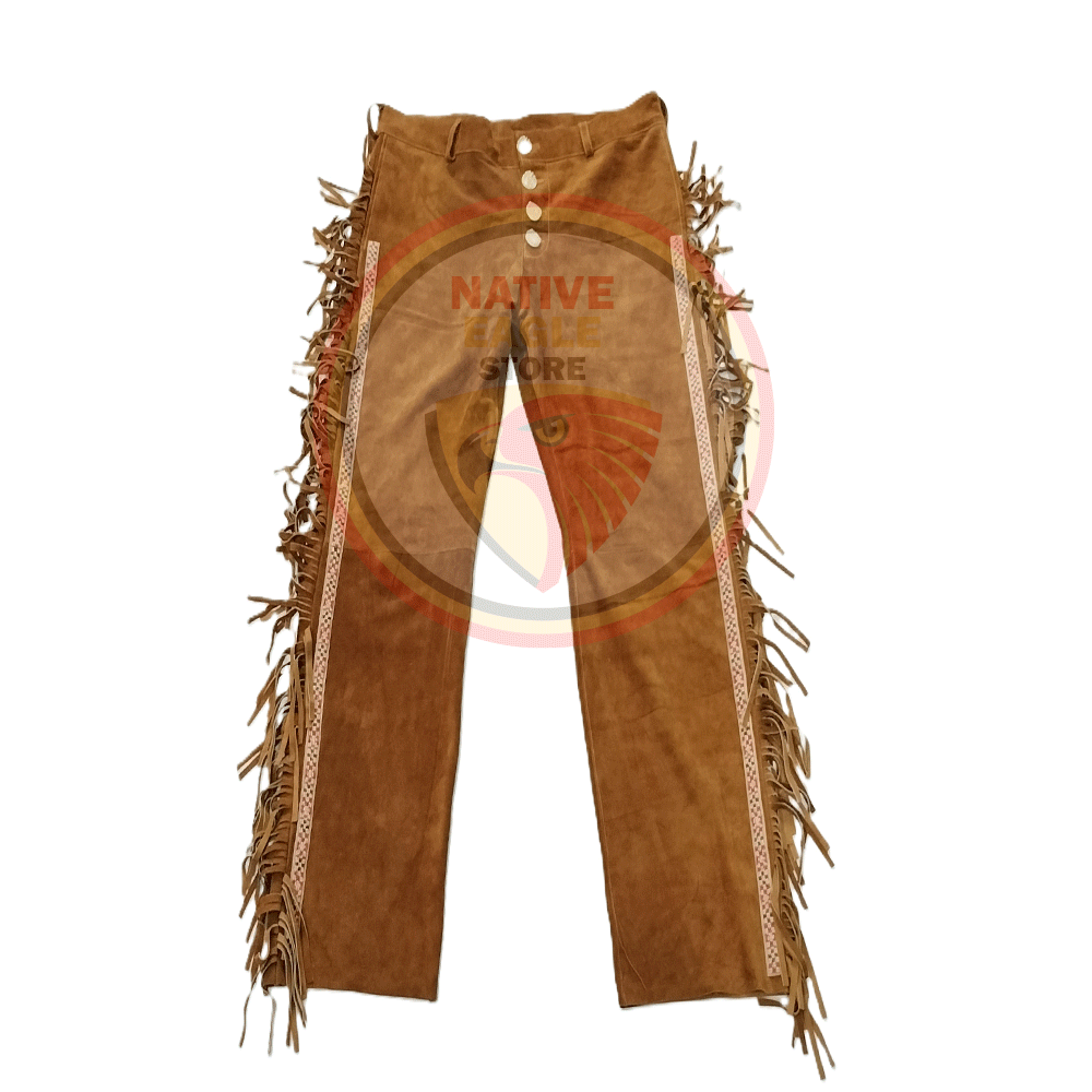 Native Men's Brown Buckskin Suede Leather Fringe Beaded Pants Powwow Pants NFP302