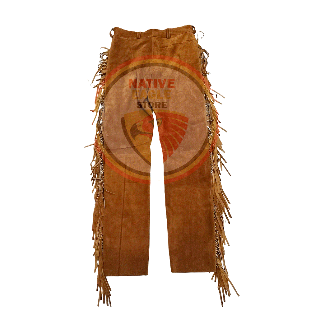 Native Men's Brown Buckskin Suede Leather Fringe Beaded Pants Powwow Pants NFP302
