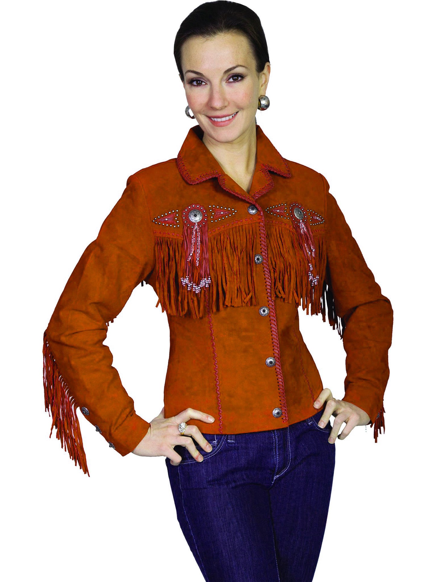Woman wearing a brown suede jacket with fringes and bead embellishments on a white background