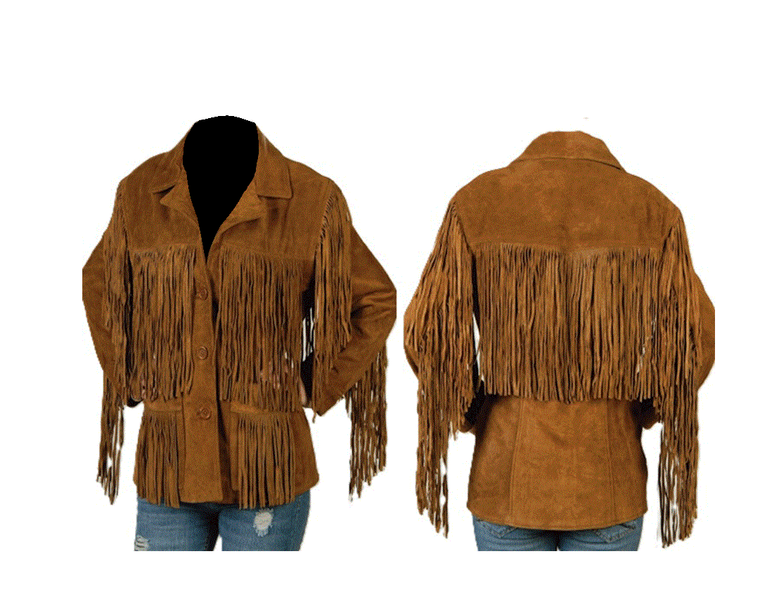 brown suede long fringe coat for woman