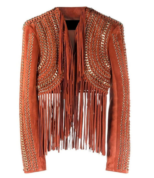 Brown Real Leather Long Fringe Silver Studded Jacket For Women WWJ913