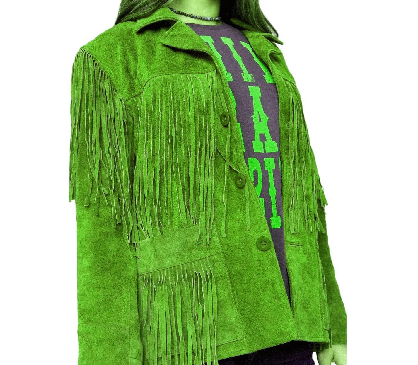 Green suede jacket with fringes on a white background