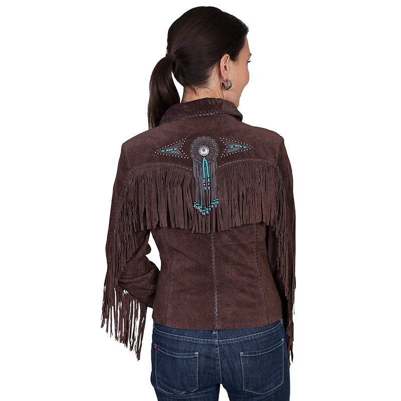Brown fringed jacket with decorative back panel worn by a person on a white background