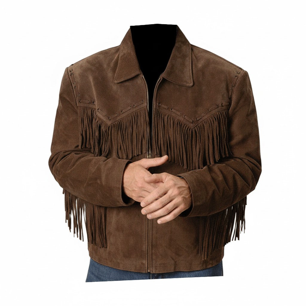 dark Brown suede jacket with fringes on a white background