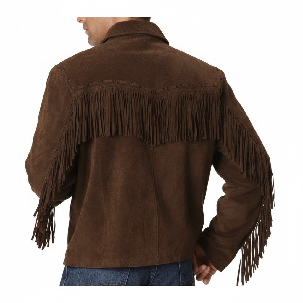 Brown suede jacket with fringes on a white background