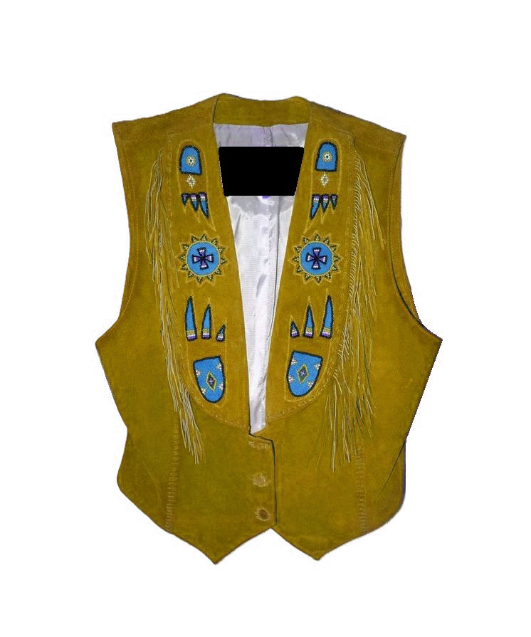 Black Suede Leather Fringe Paw Beaded Vest For Cowgirls CGV428
