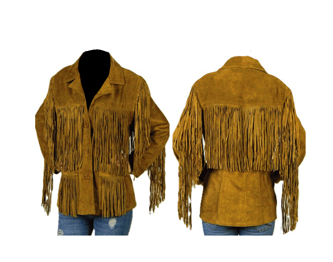 brown suede long fringe coat for woman