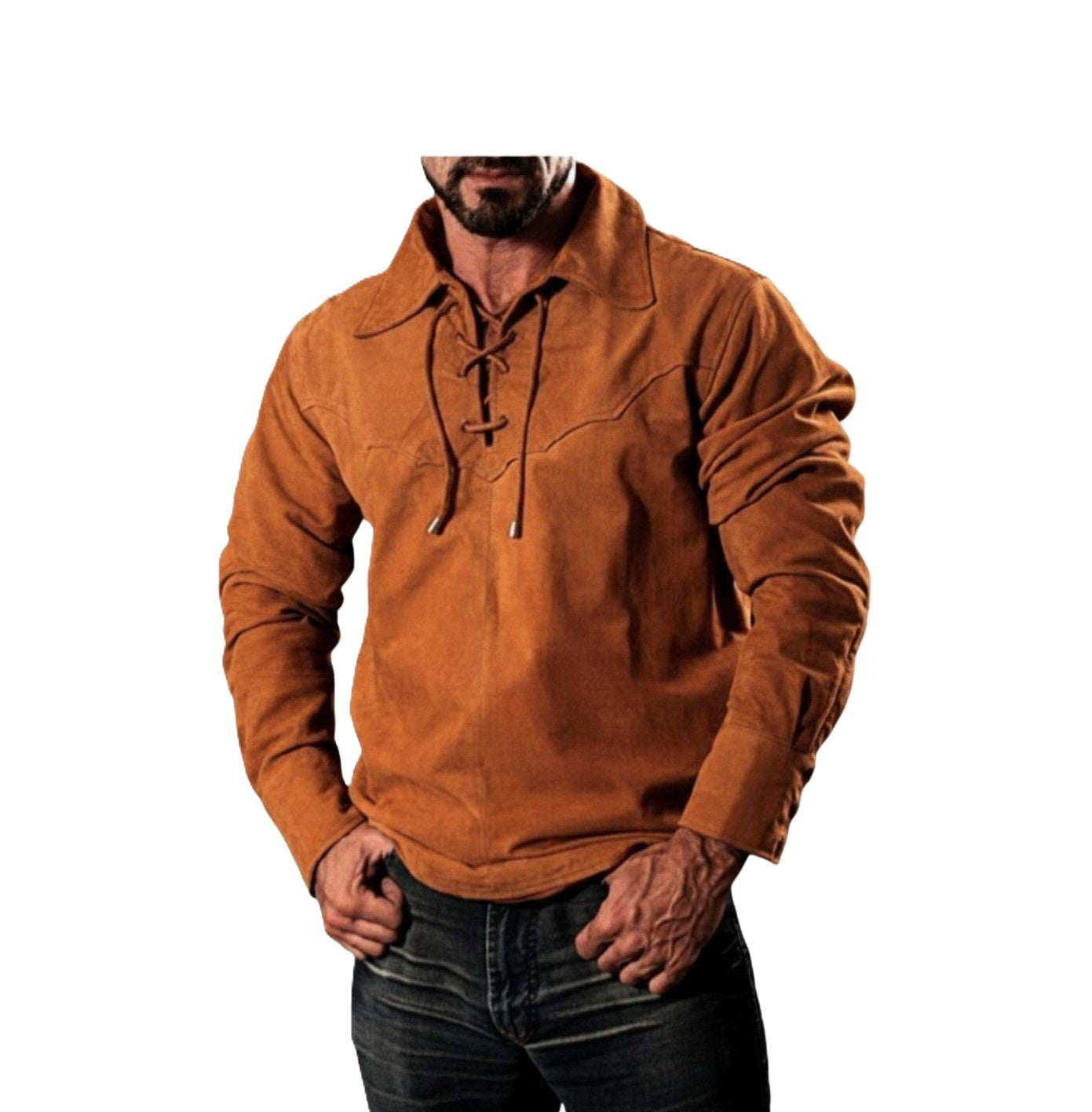 Brown leather shirt worn by a person on a white background
