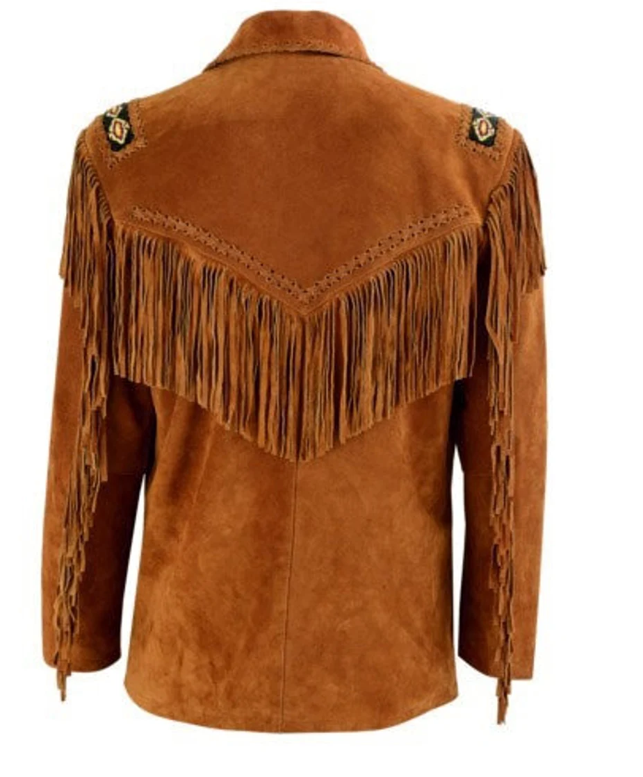 Cowgirl Brown Suede Leather Fringe Bone Beads Jacket WWJ758