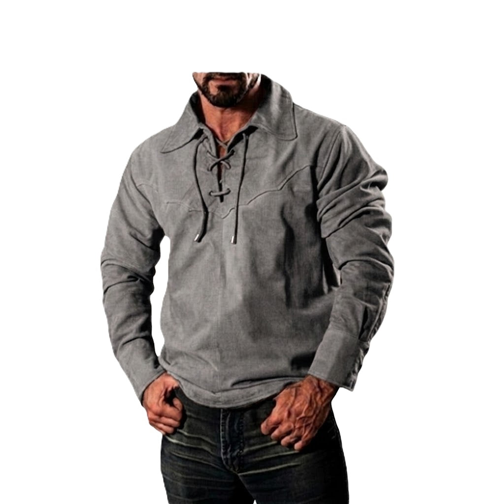 Man wearing a gray long-sleeve buckskin shirt with a collar on a white background