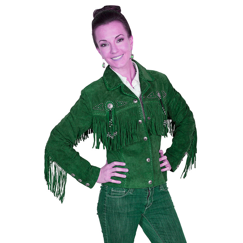 Woman wearing a green fringed jacket on a white background