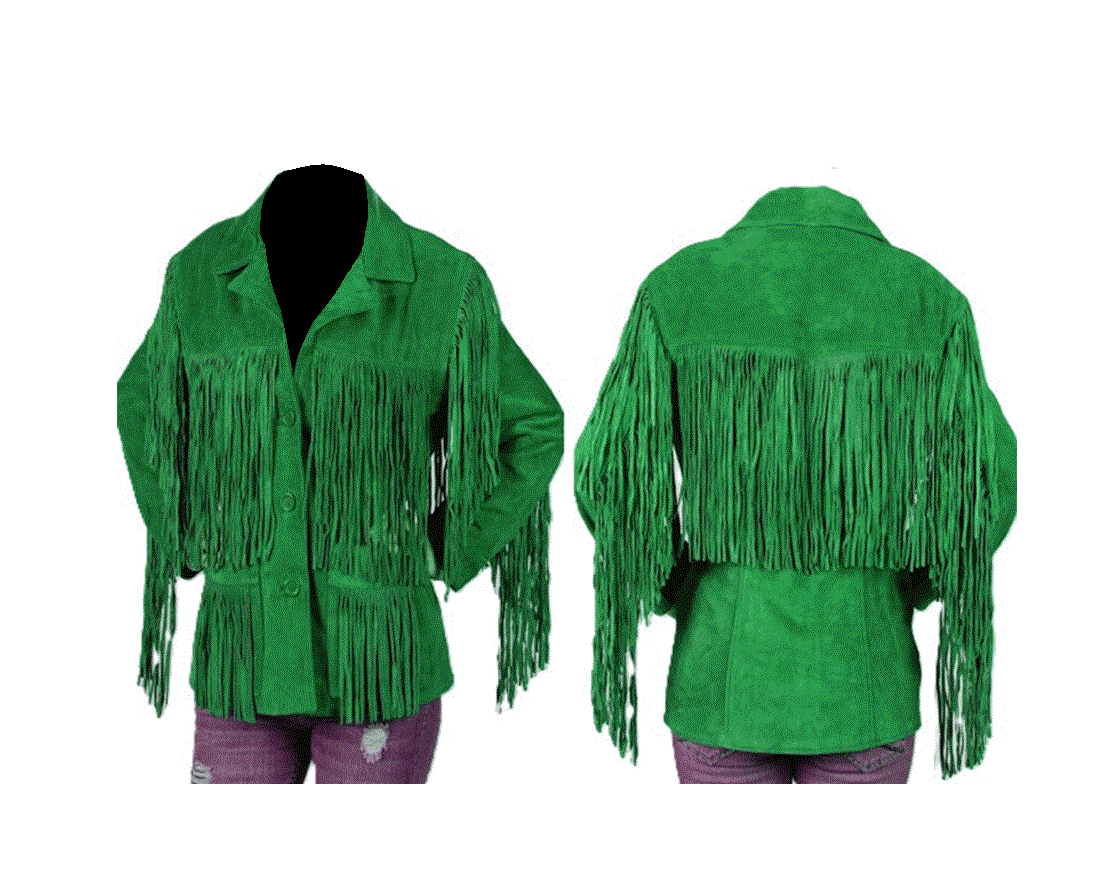 green suede long fringe coat for woman