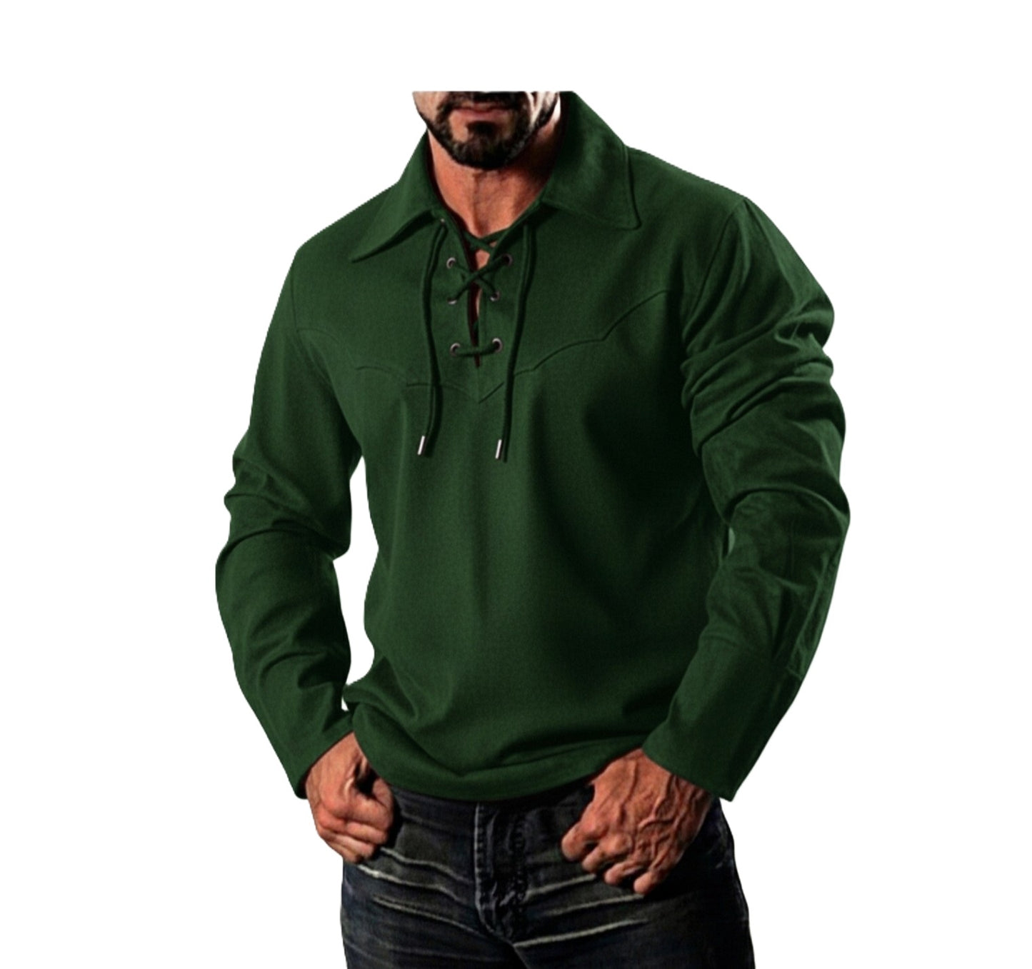 Green rendezvous clothing worn by a person on a white background