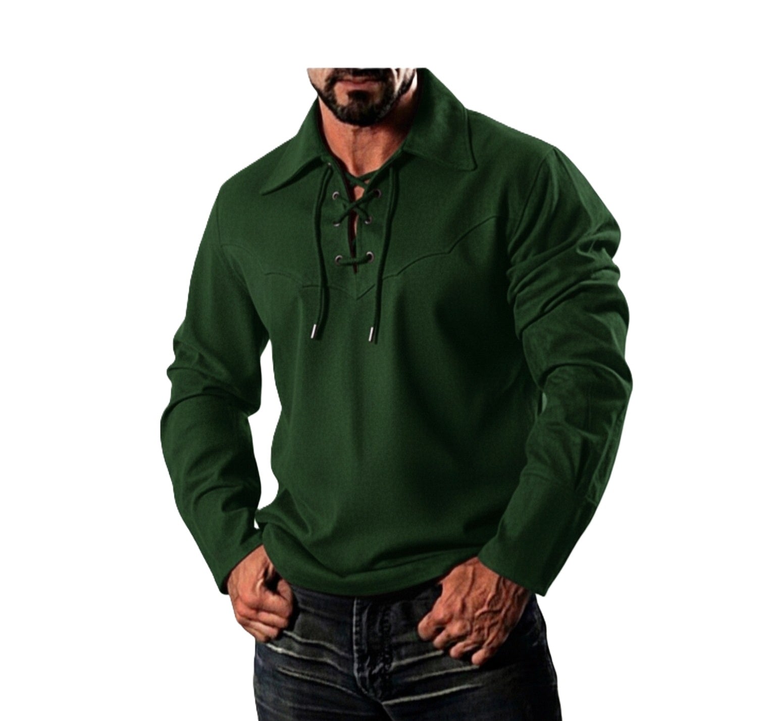 Green rendezvous clothing worn by a person on a white background