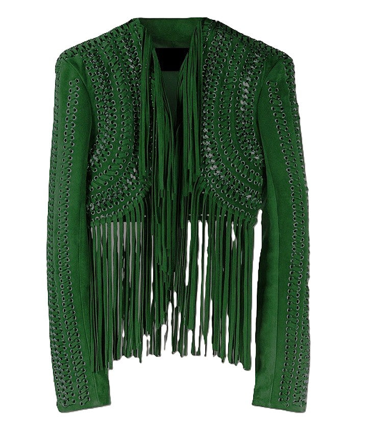 Brown Leather Long Fringe Silver Chains Crop Jacket For Women WWJ913