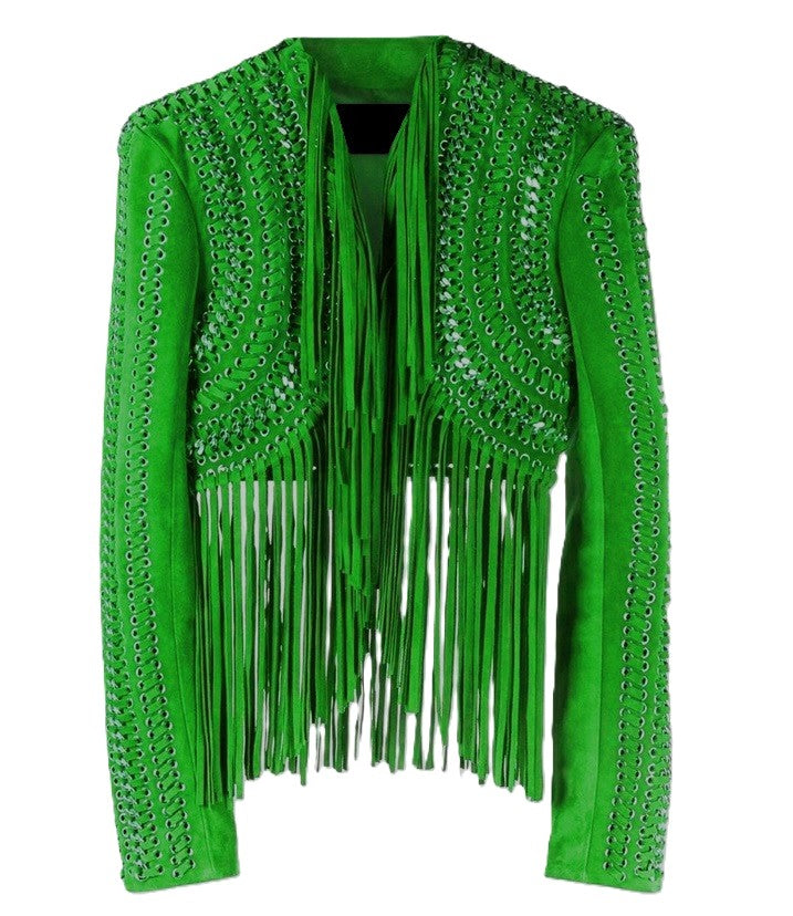 Brown Leather Long Fringe Silver Chains Crop Jacket For Women WWJ913