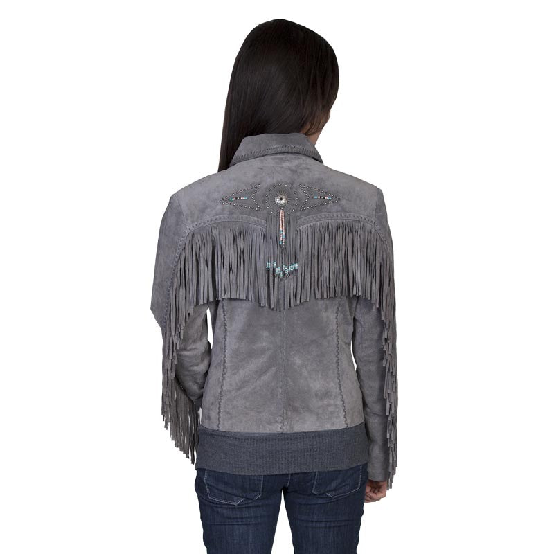 Gray suede jacket with fringe details on a white background