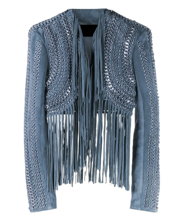 Brown Leather Long Fringe Silver Chains Crop Jacket For Women WWJ913