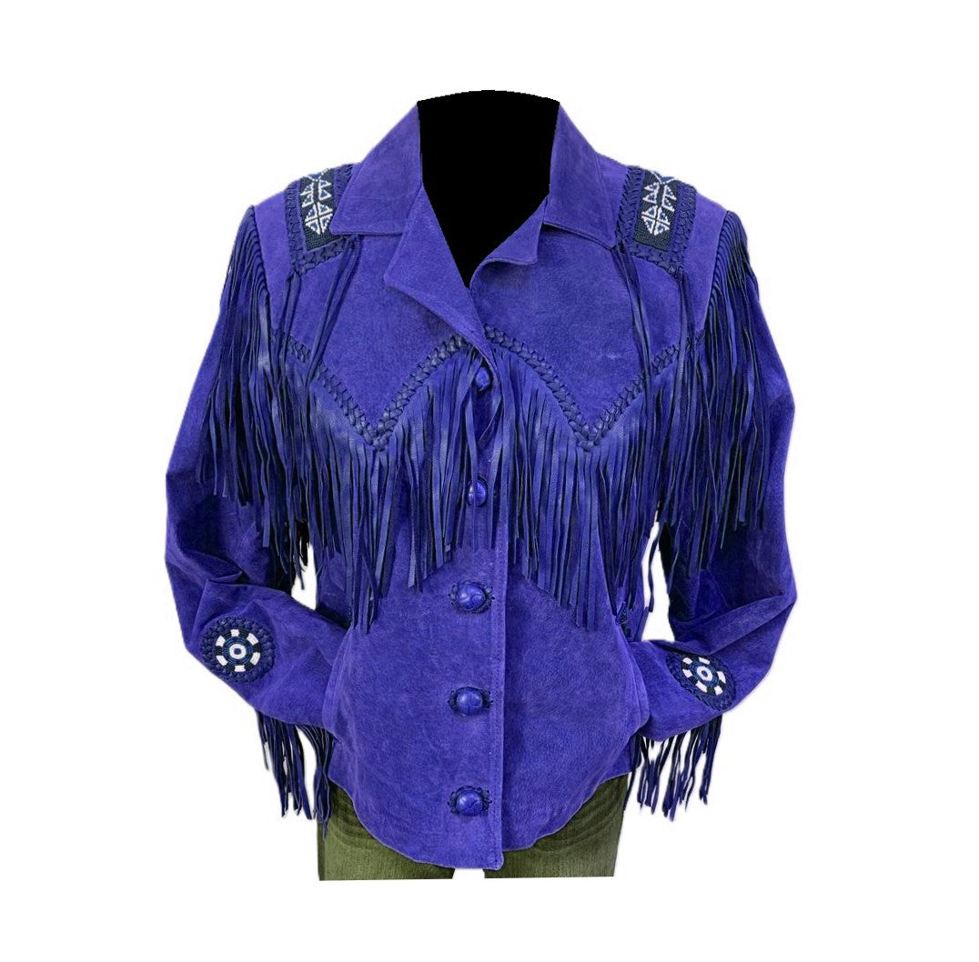 Black Suede Leather Fringe Beaded Jacket For Women WWJ551