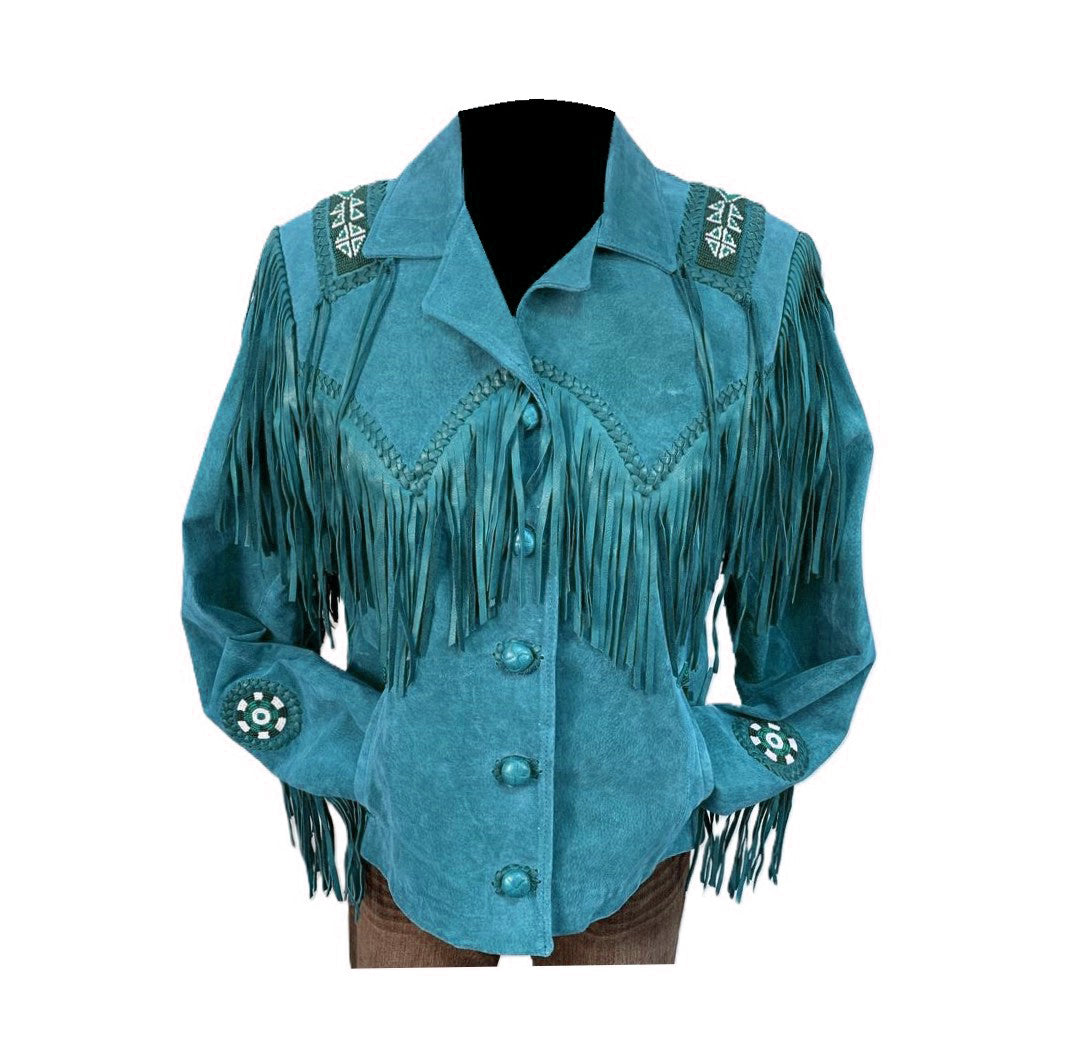 Black Suede Leather Fringe Beaded Jacket For Women WWJ551