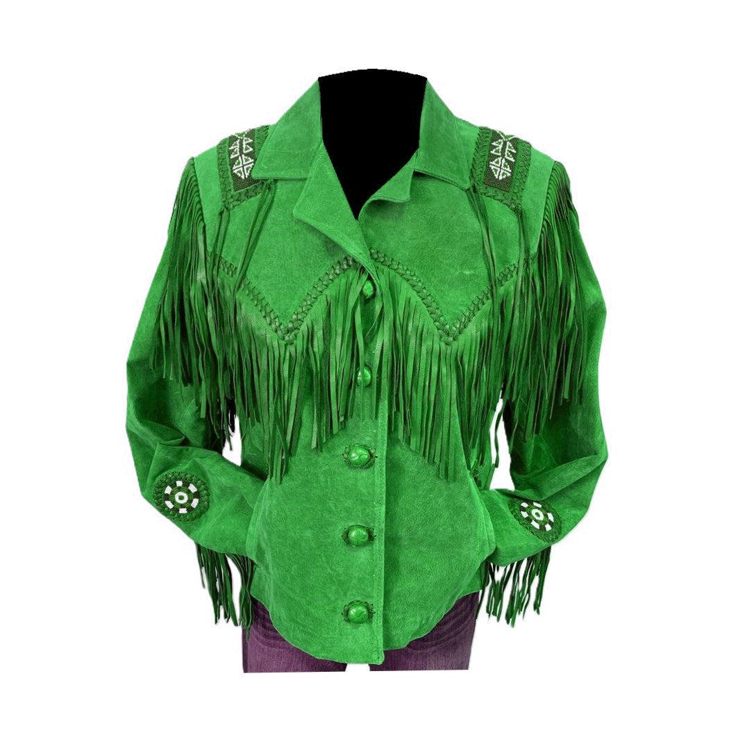 Black Suede Leather Fringe Beaded Jacket For Women WWJ551