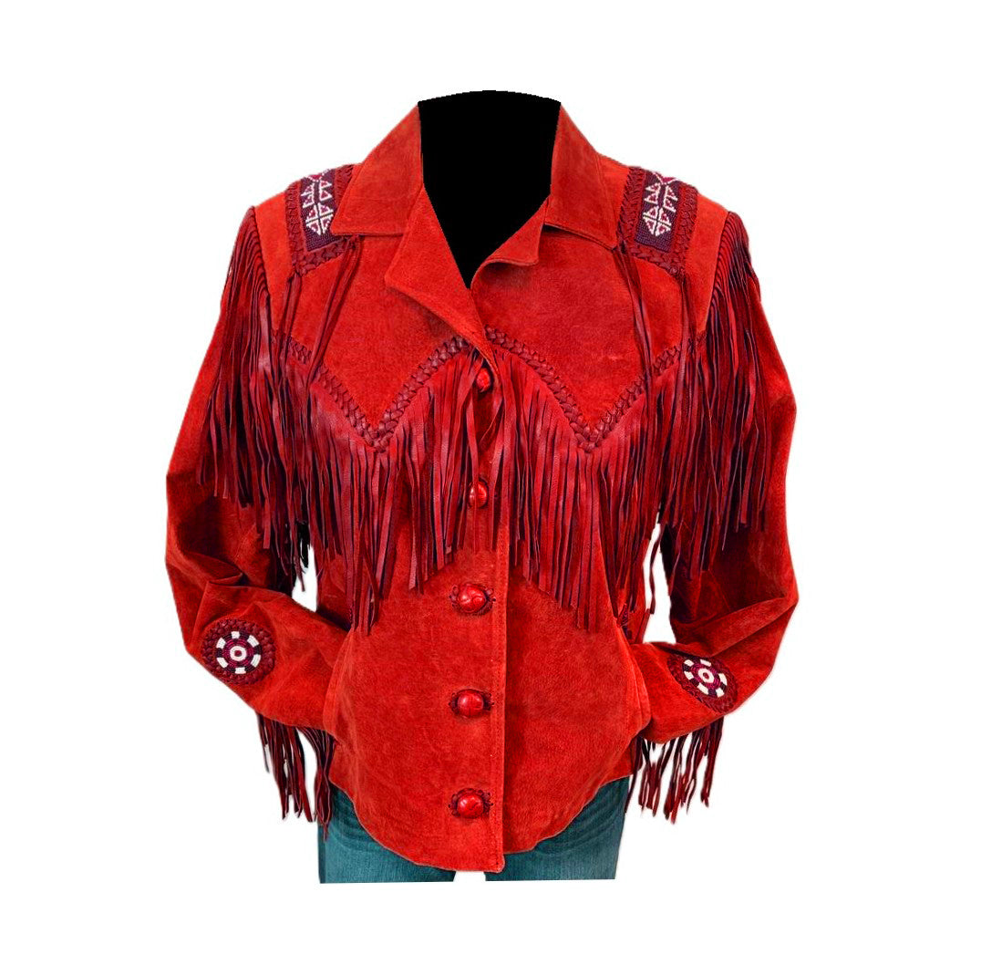Black Suede Leather Fringe Beaded Jacket For Women WWJ551
