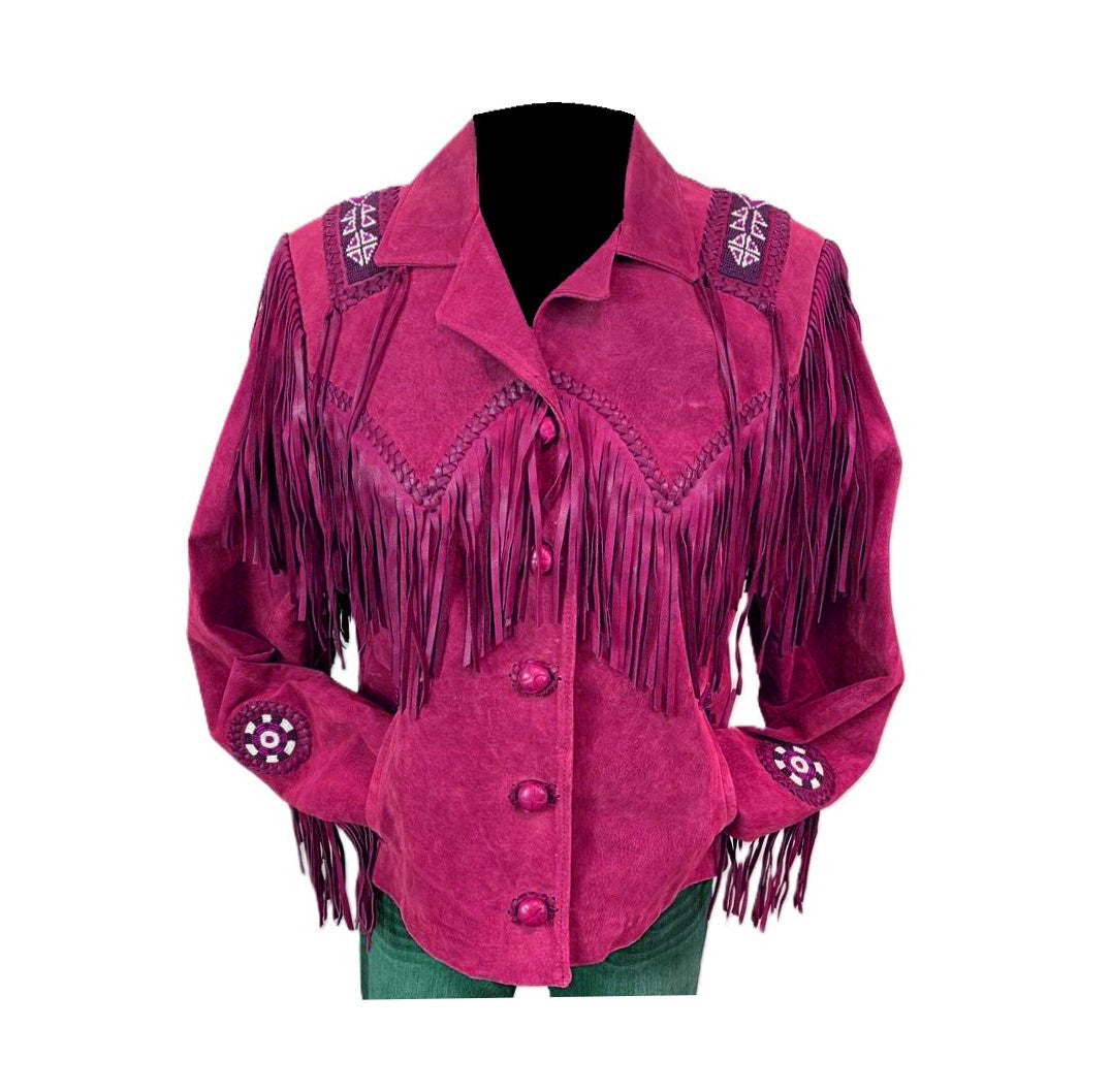 Black Suede Leather Fringe Beaded Jacket For Women WWJ551