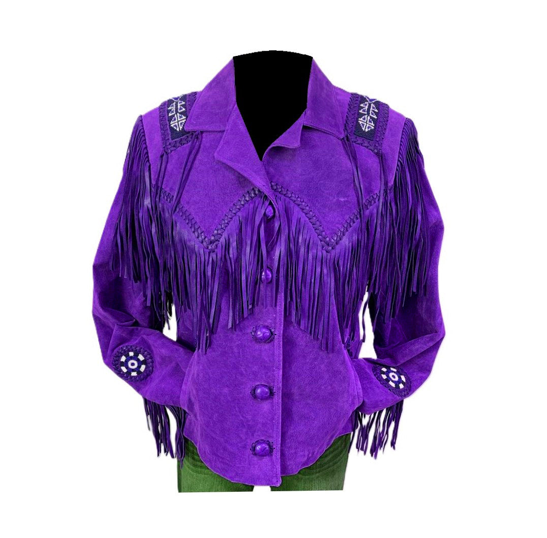 Black Suede Leather Fringe Beaded Jacket For Women WWJ551