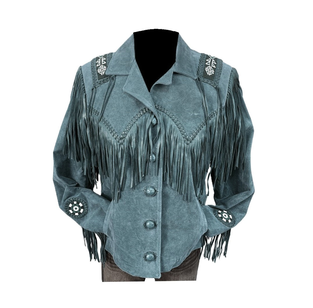 Black Suede Leather Fringe Beaded Jacket For Women WWJ551