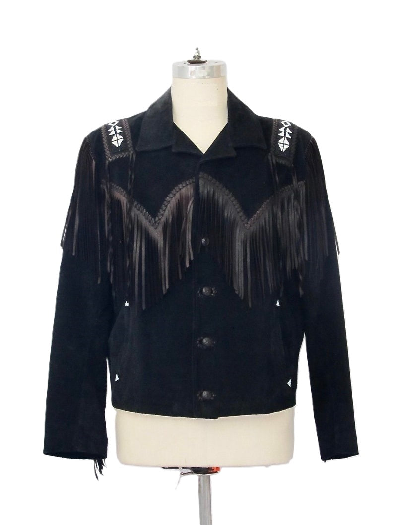 Black Suede Leather Fringe Beaded Jacket For Women WWJ551