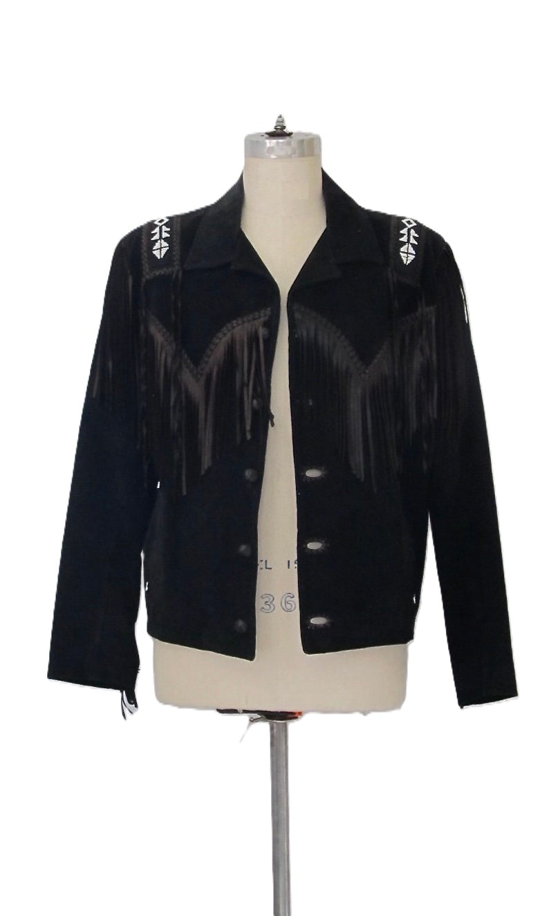 Black Suede Leather Fringe Beaded Jacket For Women WWJ551