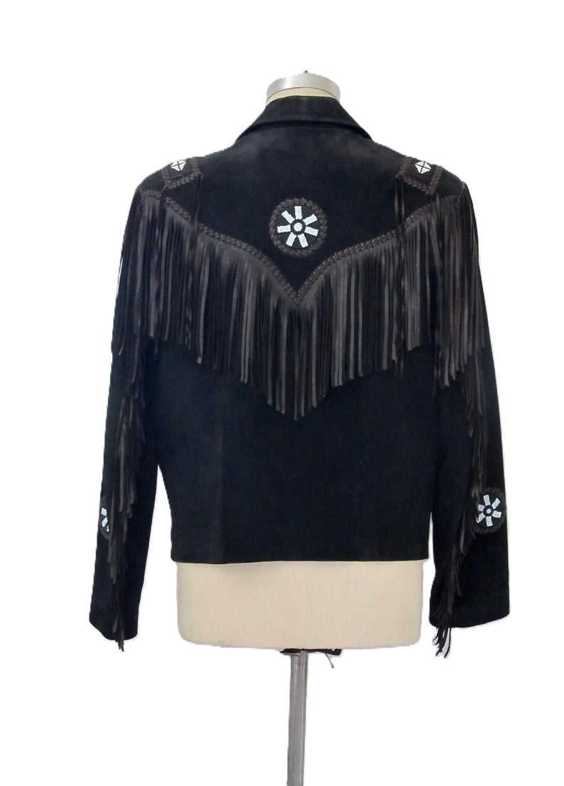 Black Suede Leather Fringe Beaded Jacket For Women WWJ551