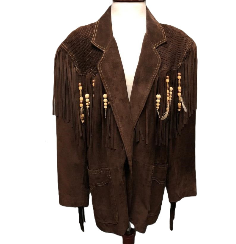 Cowgirl Dark Brown Suede Leather Fringe Beaded Jacket WWJ509