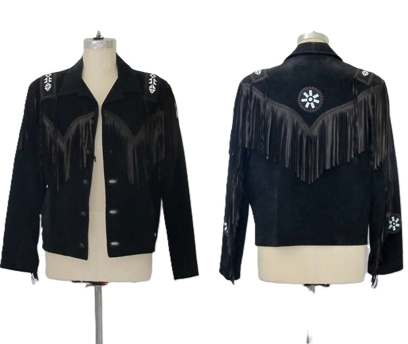 Cowgirl Black Suede Leather Fringe Beaded Jacket WWJ510